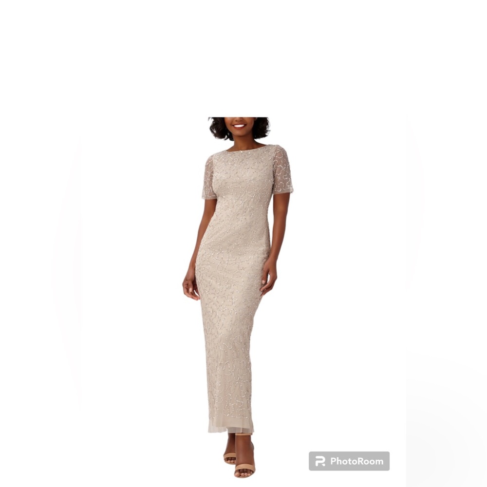 Beaded Long short Sleeves Gown Champagne size 10 NWT